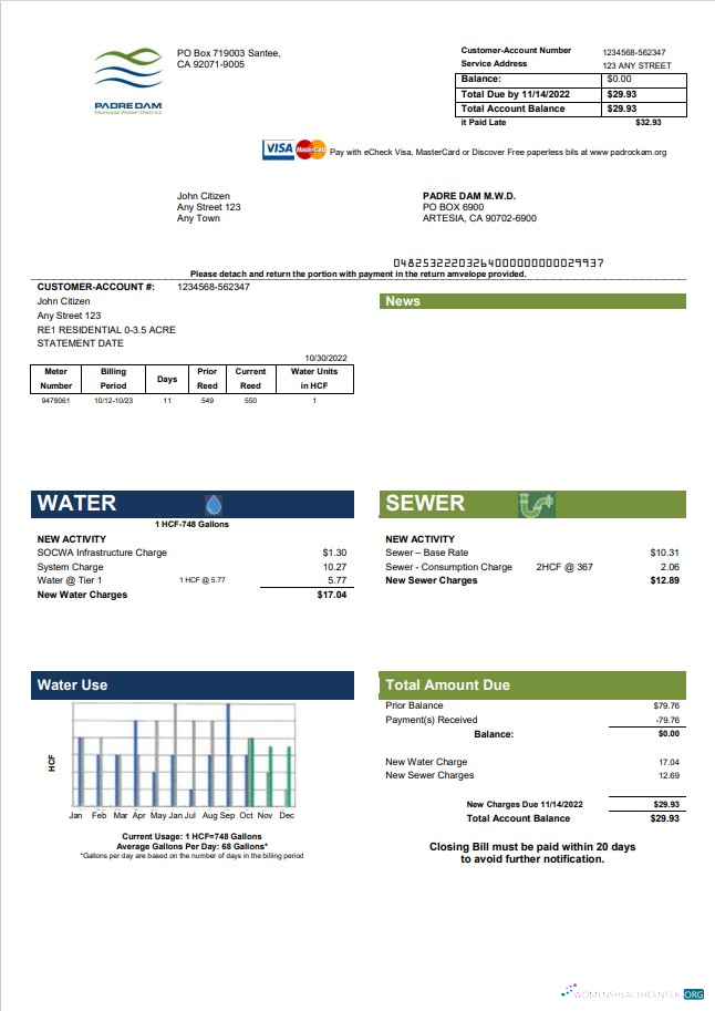 download download USA California Padredam utility bill template in Word and PDF format PDF template PDF template